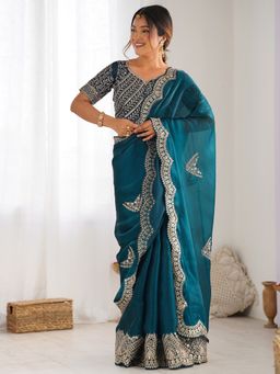 SATRANI - Green Embellished Saree with Unstiched Blouse