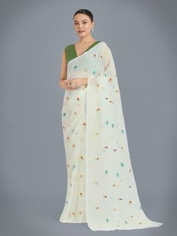 Monjolika Fashion - Off White Embroidered Saree with Unstiched Blouse