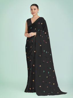 Monjolika Fashion - Black Embroidered Saree with Unstiched Blouse