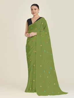 Monjolika Fashion - Olive Embroidered Saree with Unstiched Blouse