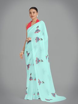 Monjolika Fashion - Blue Embroidered Saree with Unstiched Blouse