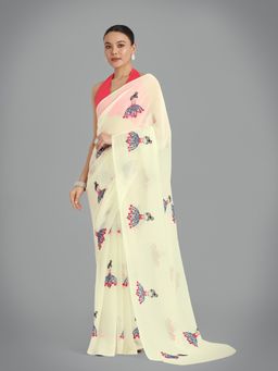 Monjolika Fashion - Cream Embroidered Saree with Unstiched Blouse