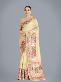 Monjolika Fashion - Beige Woven Saree with Unstiched Blouse