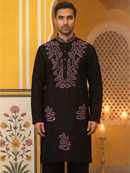 Jompers - Black Silk Blend Embroidered Kurta