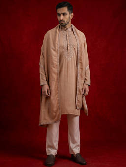 Jompers - Peach Silk Blend Embroidered Full Sleeves Kurta With Pyjama & Dupatta