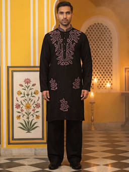 Jompers - Black Silk Blend Embroidered Full Sleeves Kurta With Pyjama