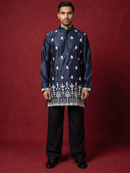Jompers - Navy Blue Silk Blend Embroidered Full Sleeves Kurta With Pyjama