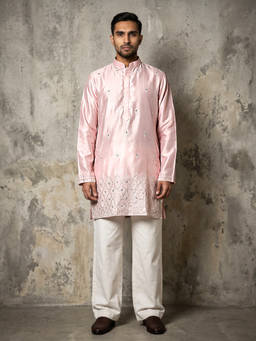 Jompers - Pink Silk Blend Embroidered Full Sleeves Kurta With Pyjama