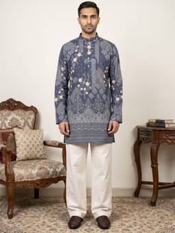 Jompers - Blue Cotton Blend Floral Full Sleeves Kurta With Pyjama
