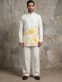 Jompers - White Cotton Blend Floral Full Sleeves Kurta With Pyjama