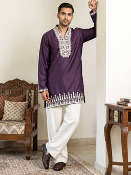 Jompers - Purple Cotton Blend Embroidered Full Sleeves Kurta With Pyjama