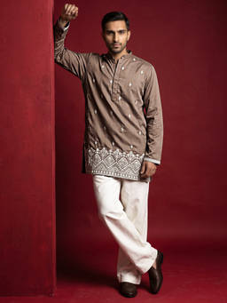 Jompers - Brown Cotton Blend Embroidered Full Sleeves Kurta With Pyjama