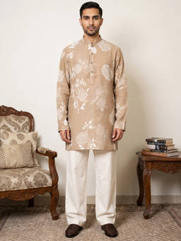 Jompers - Beige Cotton Blend Floral Full Sleeves Kurta With Pyjama