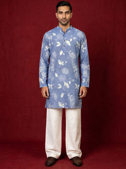 Jompers - Blue Cotton Blend Floral Full Sleeves Kurta With Pyjama