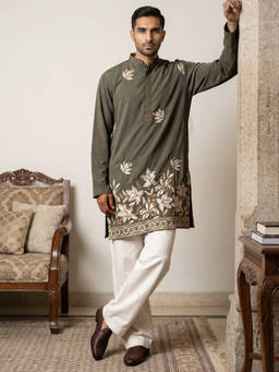 Jompers - Green Cotton Blend Embellished Full Sleeves Kurta With Pyjama