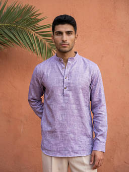 Jompers - Purple Cotton Solid Full Sleeves Mandarin Neck Short Kurta