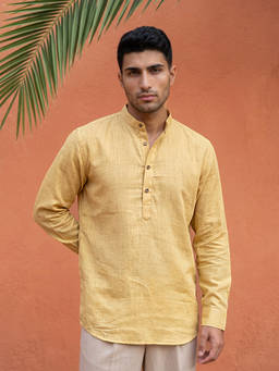 Jompers - Yellow Cotton Solid Full Sleeves Mandarin Neck Short Kurta