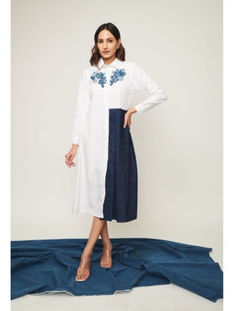 Weaving Cult - White Button Down Dress with Denim Panel