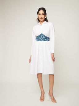 Weaving Cult - White Shirt Dress with Denim Flower Belt (Set of 2)