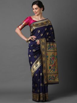 Akhilam - Nevy Blue Wedding Silk Blend Woven Design Saree with Unstitched