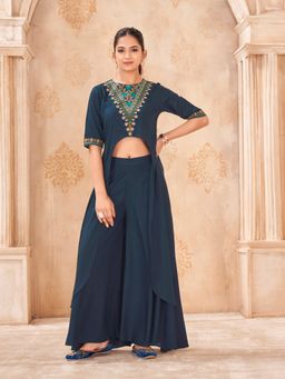 Tikhi Imli - Teal Color Rayon With Multi Color Embroidered Yoke Crop Top With Palazzo