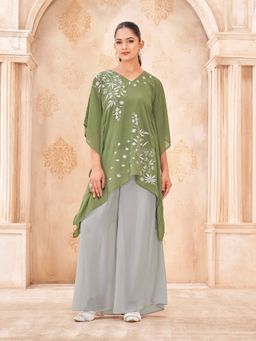 Tikhi Imli - Pista Green Color Georgette Embroidered Kaftan Kurti with Palazzo