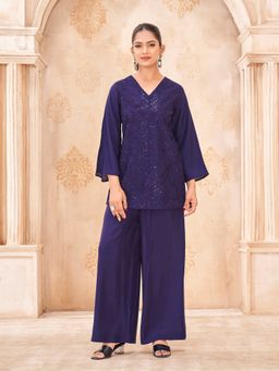 Tikhi Imli - Purple Color Silk Blend Sequence Embroidered Tunic with Palazzo