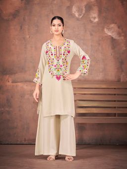 Tikhi Imli - Off White Color Rayon Colorful Embroidered Kurti With Palazzo
