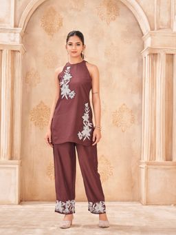 Tikhi Imli - Dark Mauve Color Silk Blend Sequence Patchwork Embroidered Co-Ord Set