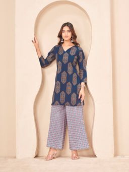 Tikhi Imli - Navy Blue Color Pure Cotton With Ajrakh Motif Printed Kurti With Palazzo