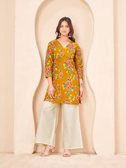 Tikhi Imli - Mustard Color Pure Cotton With Multi Color Floral Printed Kurti With Palazzo