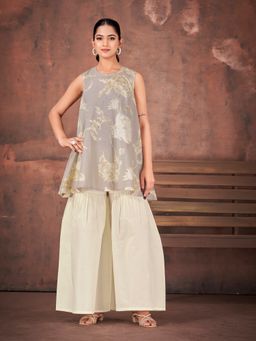 Tikhi Imli - Grey Color Pure Cotton Floral Printed A-Line Tunic With Sharara