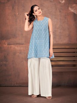 Tikhi Imli - Sky Blue Color Pure Cotton Butti Printed A-Line Tunic With Sharara