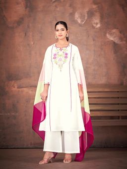 Tikhi Imli - Off White Color Pure Cotton Embroidered A-Line Kurta With Palazzo & Dupatta