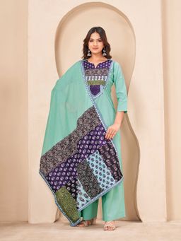 Tikhi Imli - Sea Green Color Pure Cotton Patch Work Stright Kurta With Palazzo & Dupatta