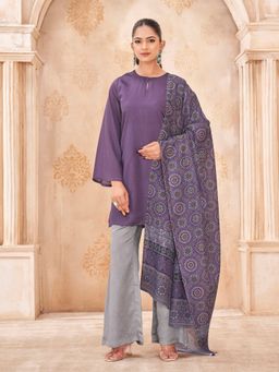 Tikhi Imli - Purple Color Silk Blend Solid Kurti With Pant & Dupatta