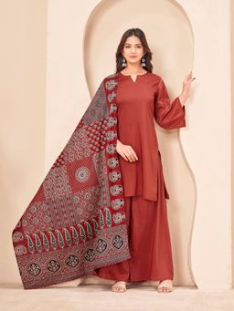 Tikhi Imli - Rust Color Silk Blend Solid A-Line Kurti With Palazzo & Dupatta