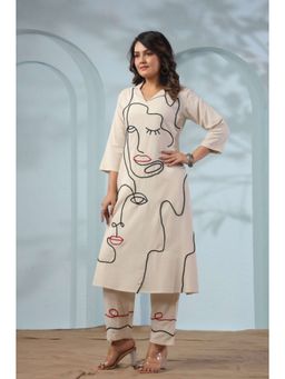 Autumnlane - Sargi Faces Embroidery Cotton Kurta With Pant