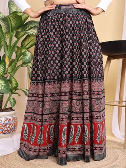 Tikhi Imli - Black Color Cotton Paisley Printed Kali Skirt