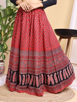 Tikhi Imli - Red Color Cotton Paisley Printed Kali Skirt