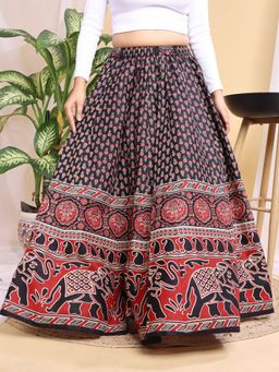 Tikhi Imli - Black Color Cotton Animal Printed Kali Skirt