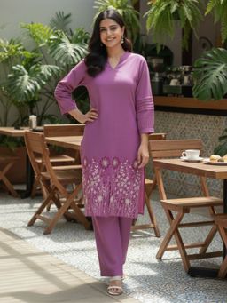Autumnlane - Viva Plum Embroidery Cotton Kurta With Pant