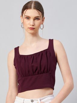 RARE - Women Casual Wine Colour Square Neck Solid Fitted Top