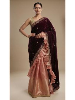 Dress & Dazzle - Maroon Tissue and Velvet Saree with Unstitched Blouse