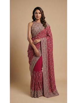 Dress & Dazzle - Crimson Red Georgette Saree with Unstitched Blouse
