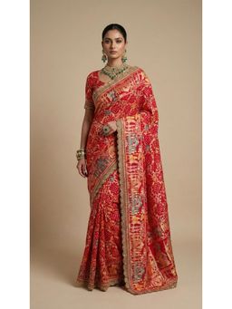 Dress & Dazzle - Ruby Red Khaddi Georgette Saree with Unstitched Blouse