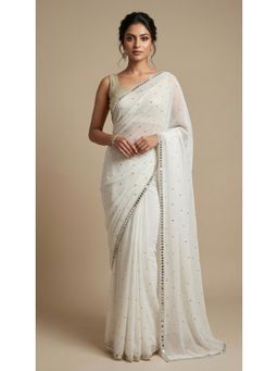 Dress & Dazzle - Ivory Georgette Saree with Unstitched Blouse