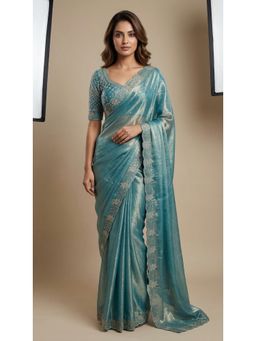 Dress & Dazzle - Olympic Blue Tissue Saree with Unstitched Blouse
