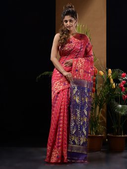 CHARUKRITI - Hot Pink & Violet Handwoven Saree with Zari Woven Designs & Patterns with Unstitched