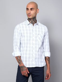 Cantabil - Men Cotton Checkered White Full Sleeves Casual Shirt